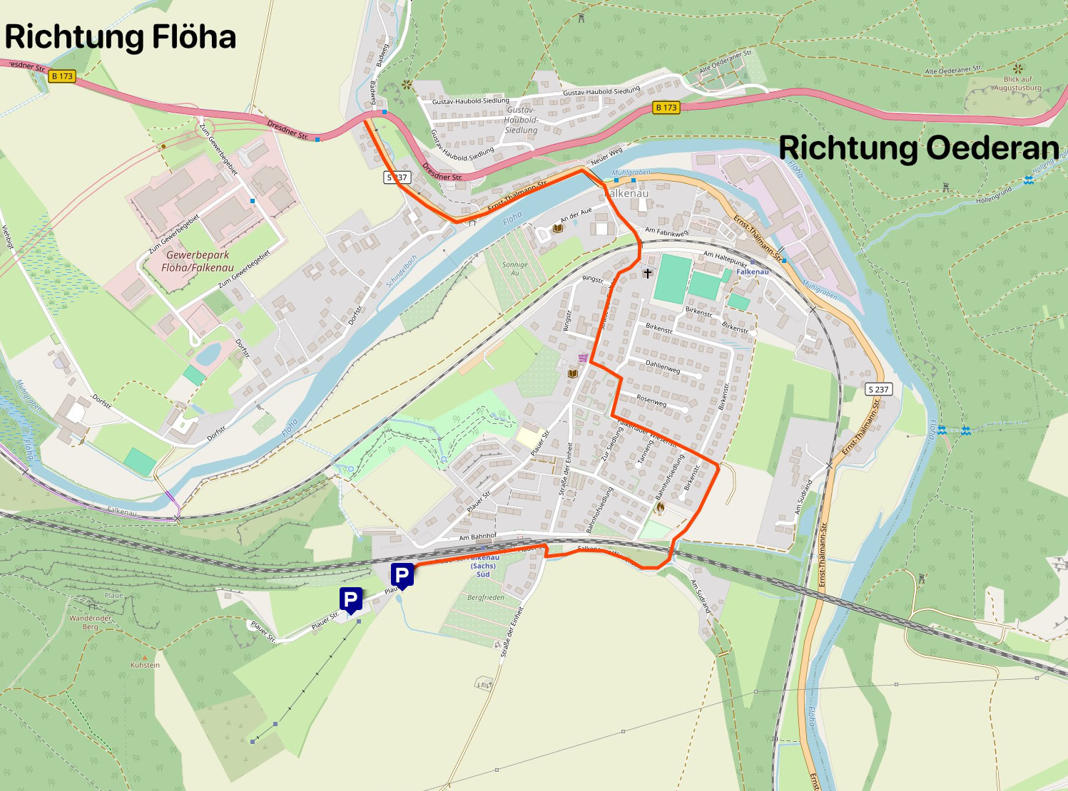 Karte von der B173 durch das Wohngebiet in Falkenau zum Parkplatz des Skihang